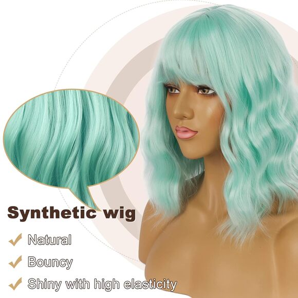 Women Mint Green Loose Wavy Wig Curly Wavy Shoulder Length Bob - Picture 2 of 3